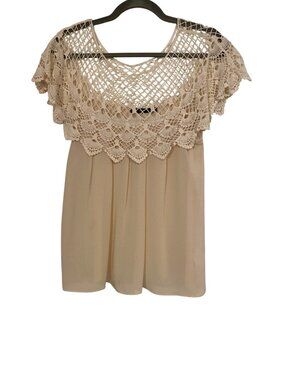 Hazel Women's XS Cream Boho Top Crochet Lace Overlay Peasant Flowy Lightweight